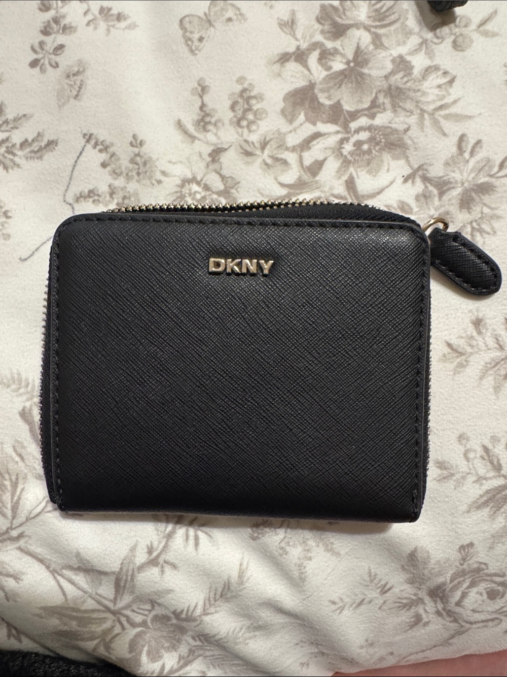 DKNY Black Saffiano Leather Zip Wallet with Gold Logo